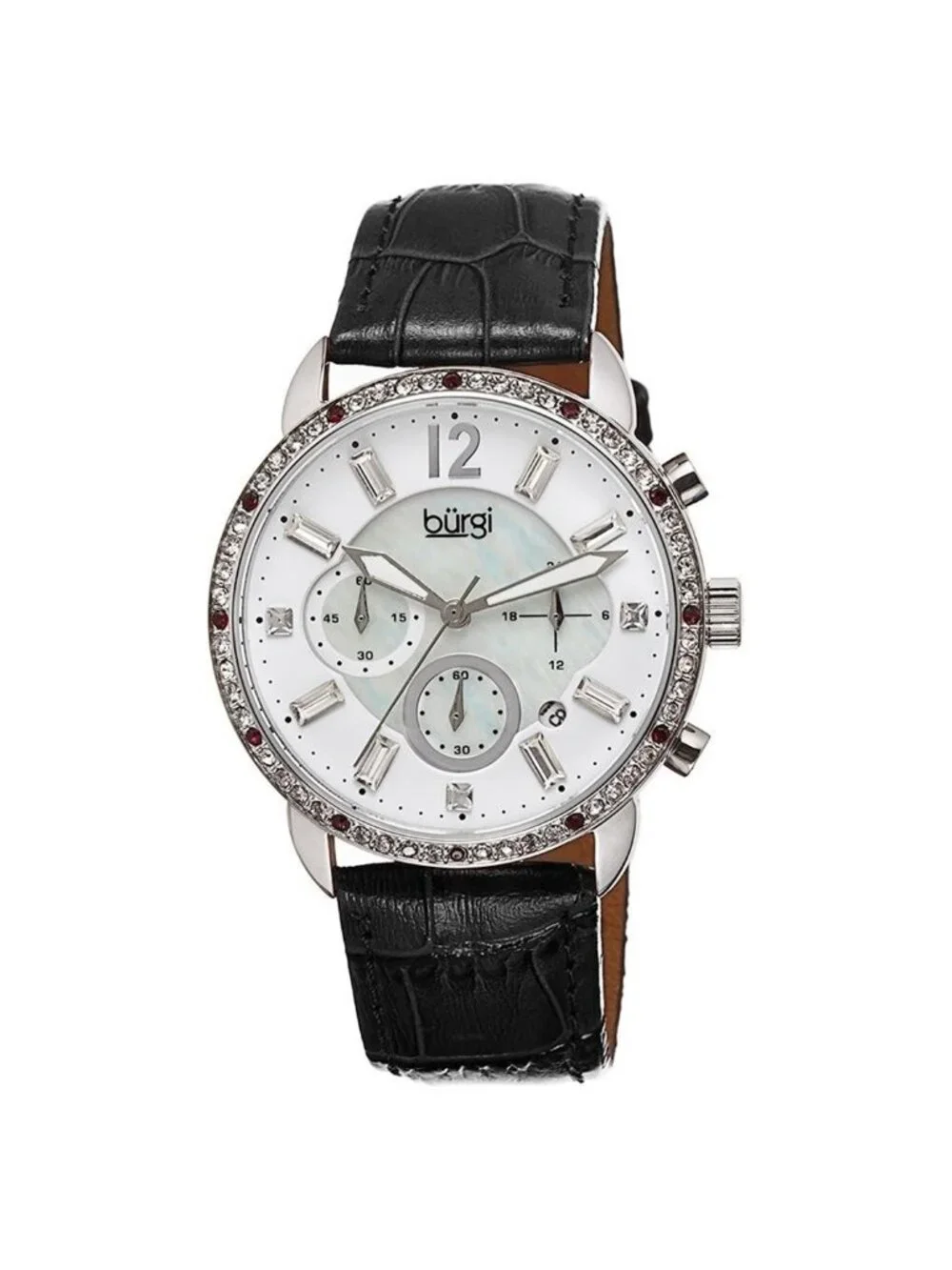 NWT Burgi Crystal Chronograph Black Leather Mother of Pearl Dial Ladies Watch